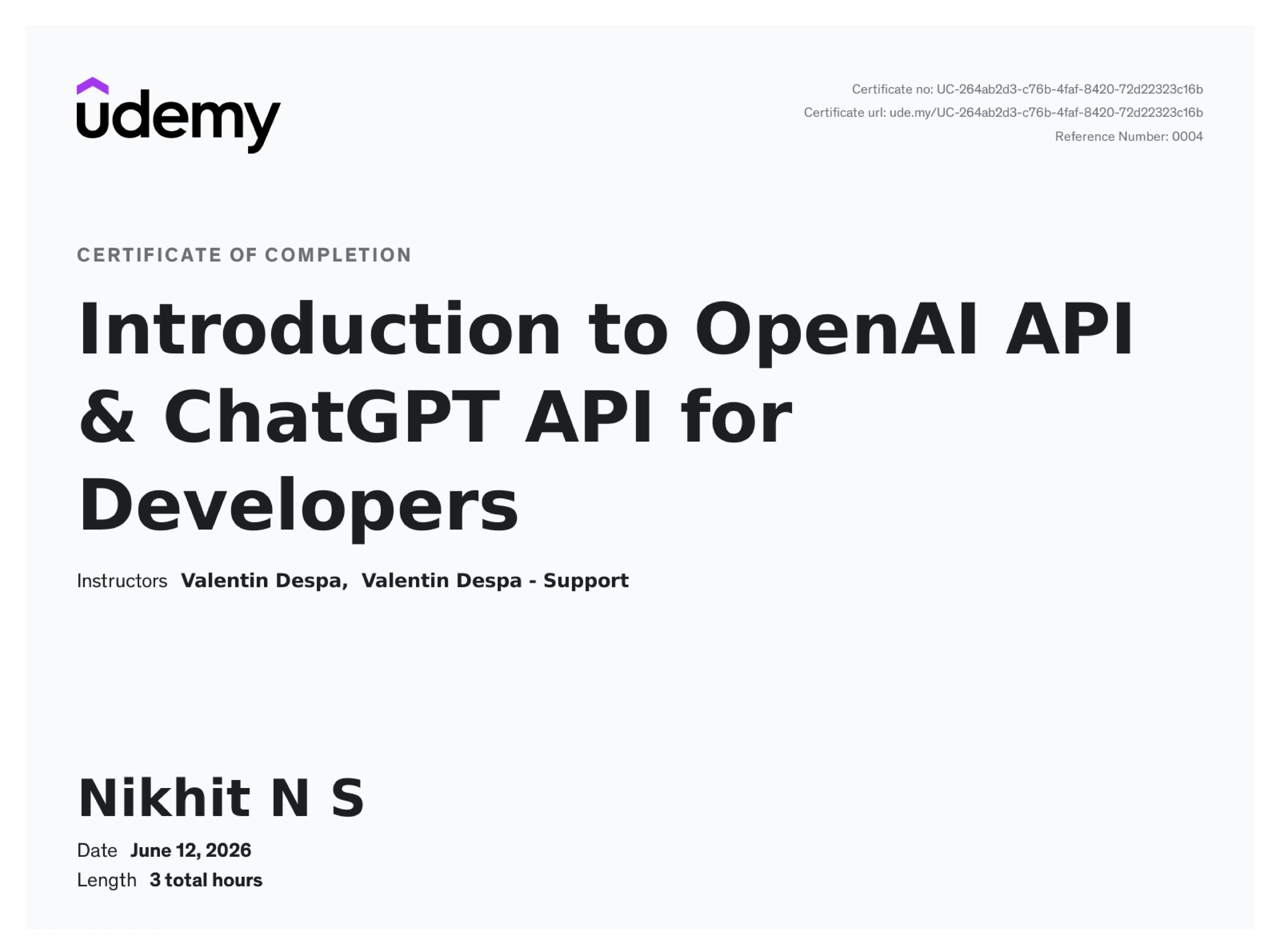 Certificate for Introduction to OpenAI API for Developers