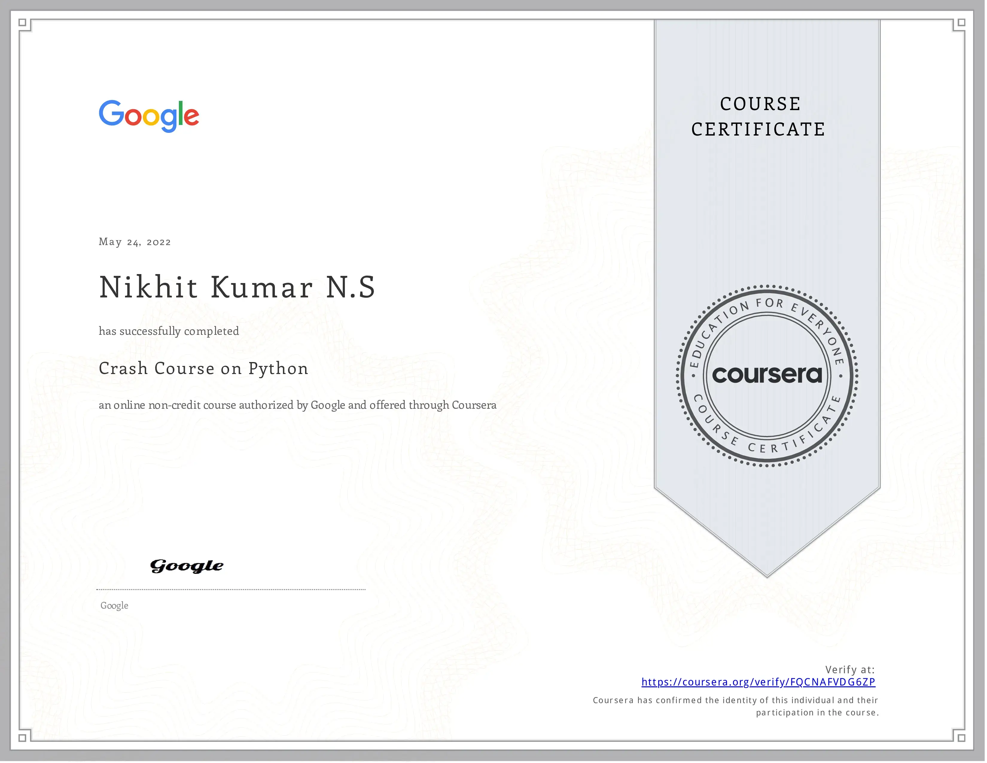 Certificate for Crash Course on Python