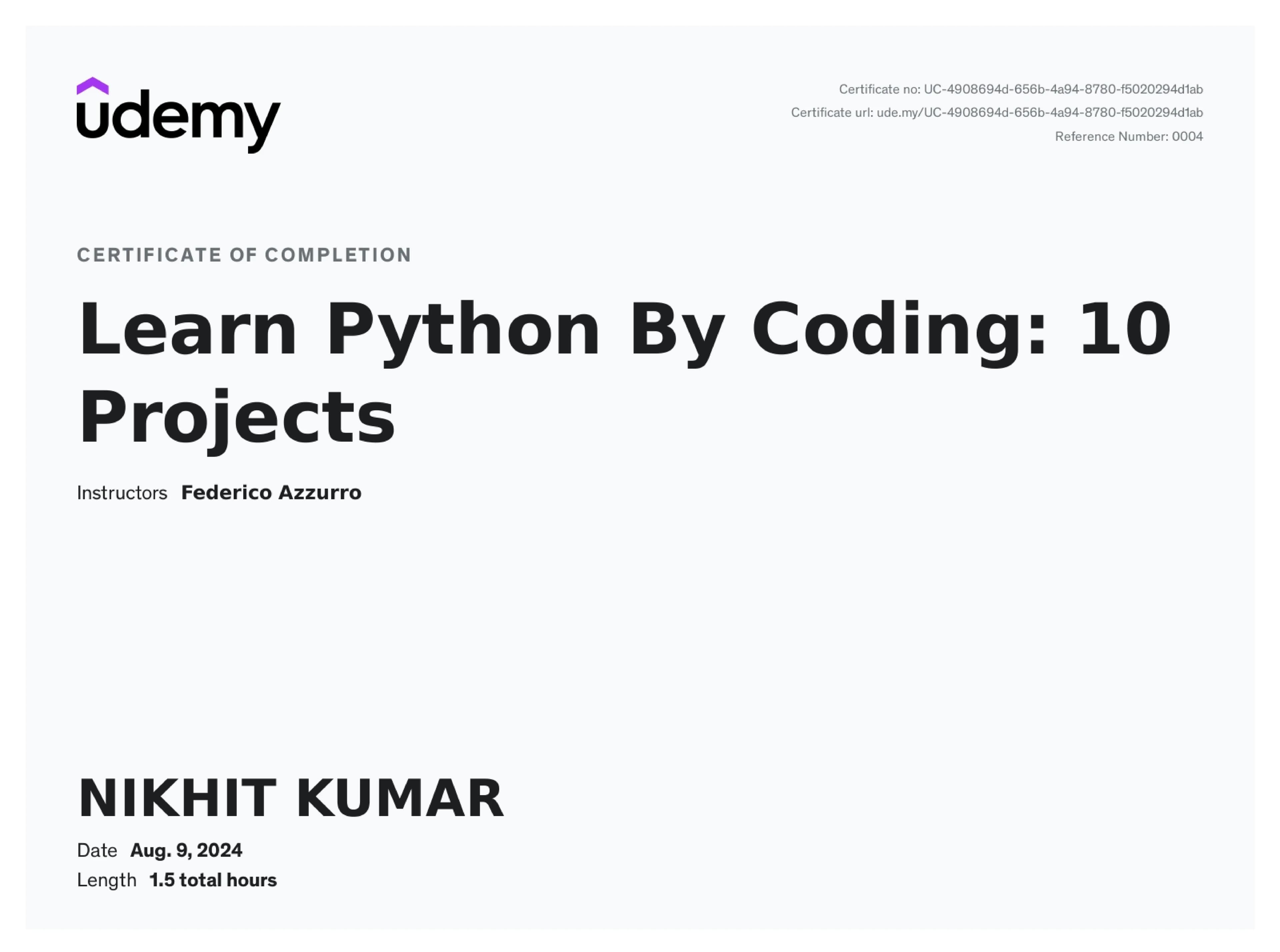 Certificate for Learn Python By Coding
