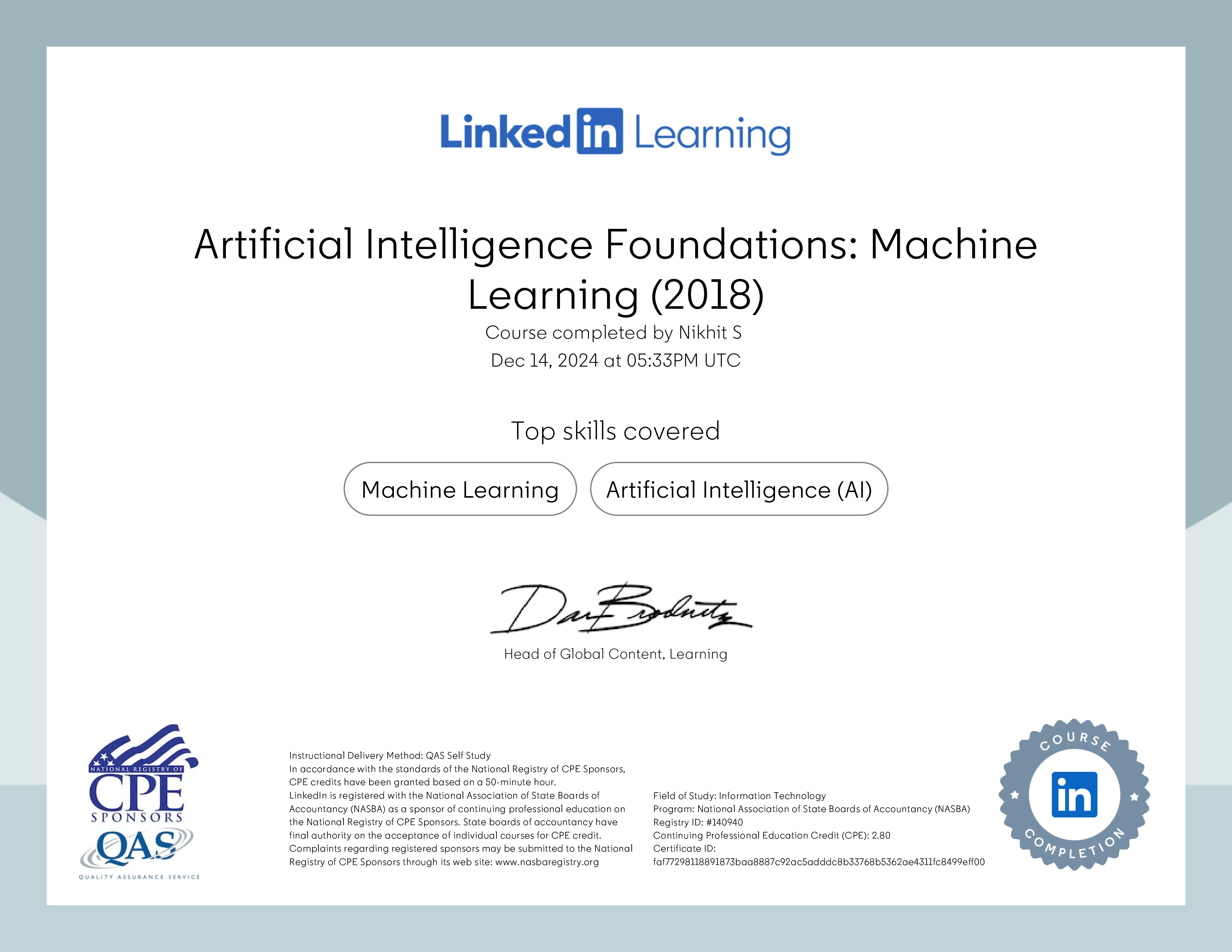 Certificate for AI Foundations Machine Learning